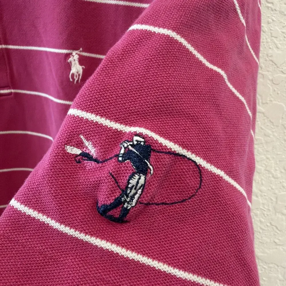 Vintage Polo Golf Ralph Lauren Embroidered Dark Pink White Striped Pima Cotton